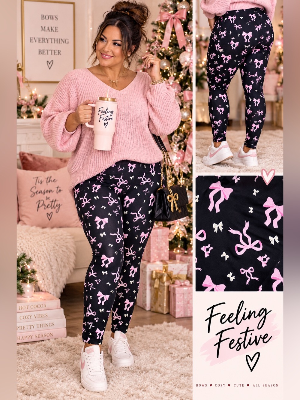 FEELING FESTIVE Pink Bow Print Black Coquette Leggings EUC